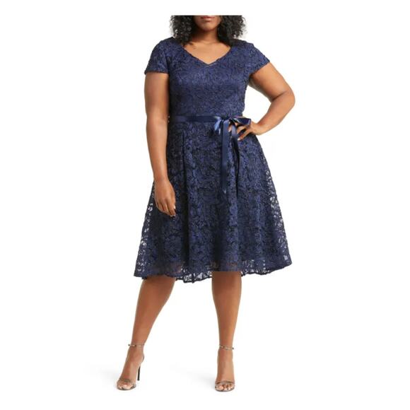 Alex Evenings Dresses & Skirts - Alex Evenings Beaded Lace Belted Fit and Flare Midi Cocktail Dress Blue Size 14W